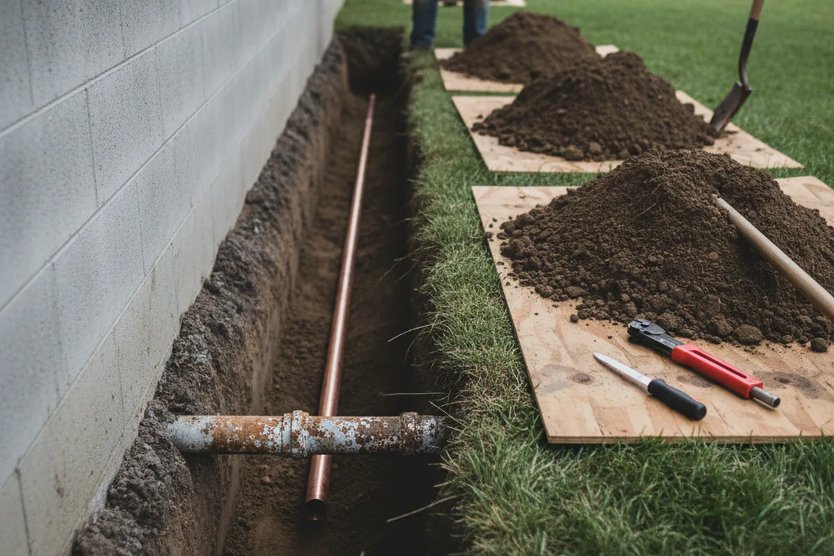 Excavated water line trench during Sewer Line Repair in Blakely Island